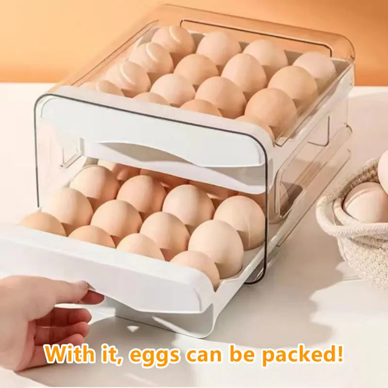 2-Layer Drawer Egg Storage Box – 32-Grid Fridge Egg Organizer, Dust-Proof & Stackable