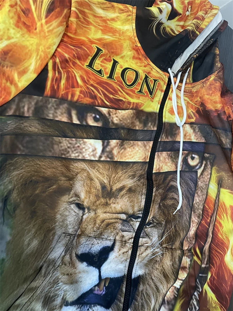 Men's 3D Lion Print Zip-Up Hoodie & Elastic Waist Pants Tracksuit Set