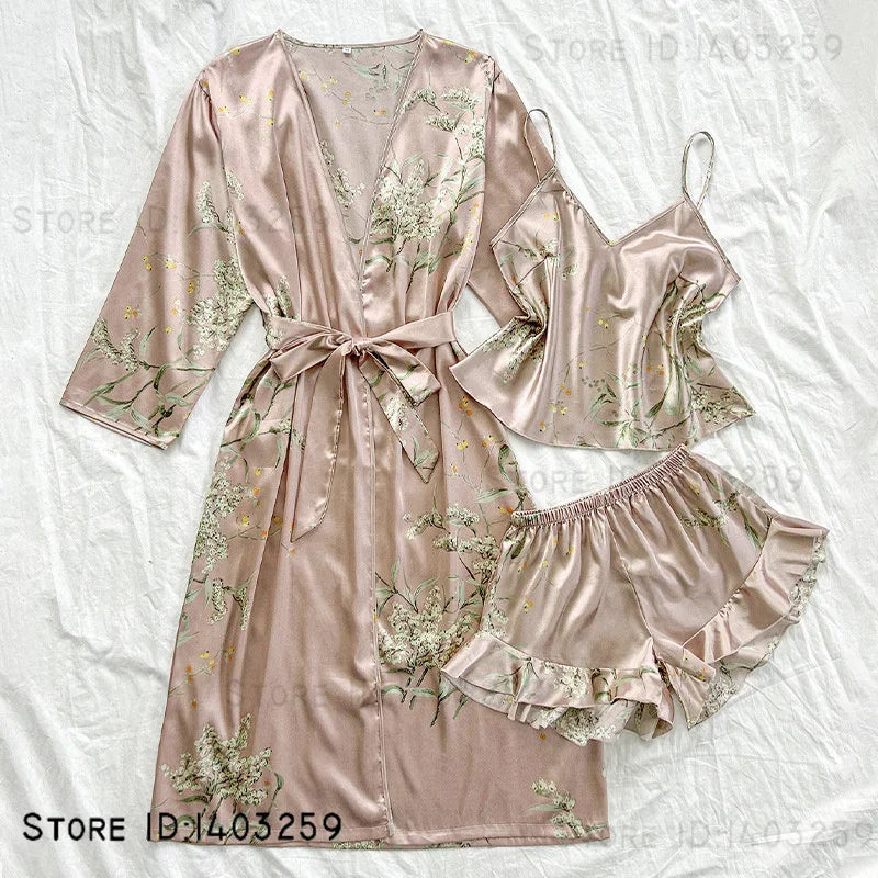 3-Piece Floral Kimono Robe & Pajama Set — Satin Loungewear