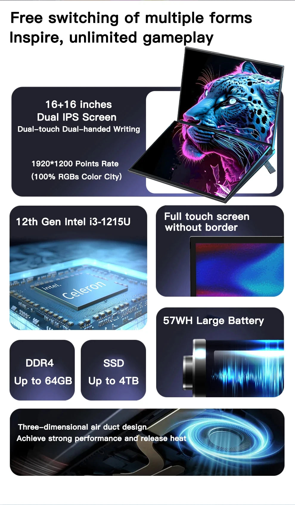 GLF-S1 16"+16" Dual-Screen Laptop – Intel 12th Gen, Up to 32GB DDR4, 2TB SSD, Dual Touch, Windows 11