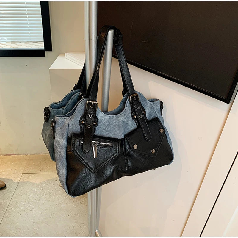 Retro Color-Block Satchel Shoulder Bag – European Style PU Leather Tote Handbag for Women