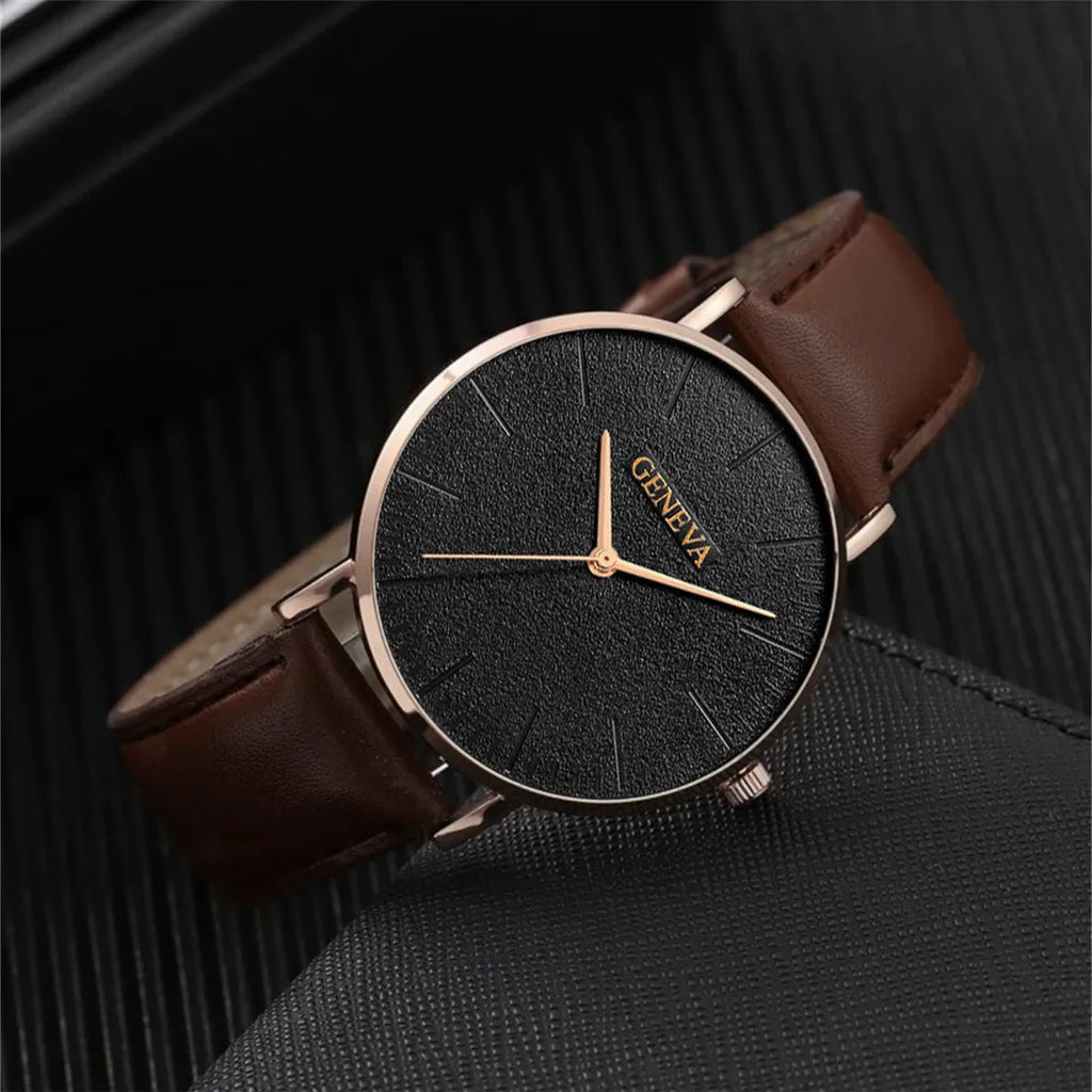 Men's Fashion Leather Quartz Watch & Bracelet Gift Set | Business Brown Wristwatch