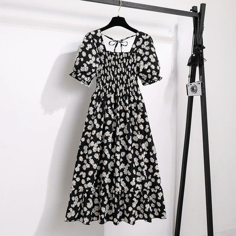 Chiffon A-Line Midi Dress — Elastic Waist Short Sleeve Casual Dress