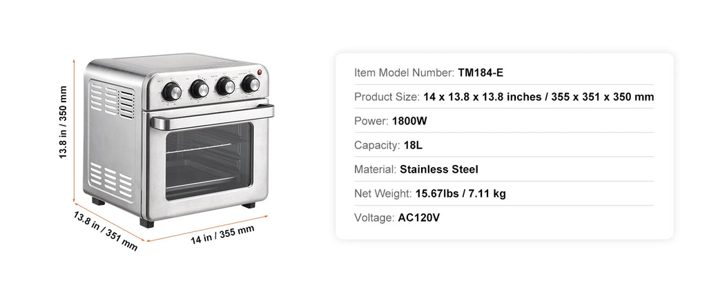 18L Air Fryer Toaster Oven 1700W — Stainless Steel Countertop Combo with Grill
