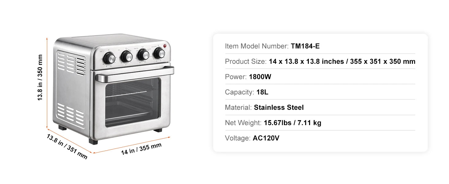 18L Air Fryer Toaster Oven 1700W — Stainless Steel Countertop Combo with Grill