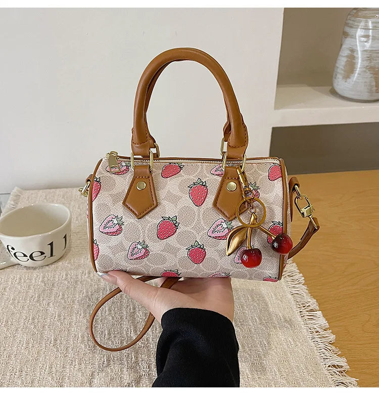 Cherry Print PU Leather Boston Crossbody Shoulder Bag – Luxury Designer Handbag for Women