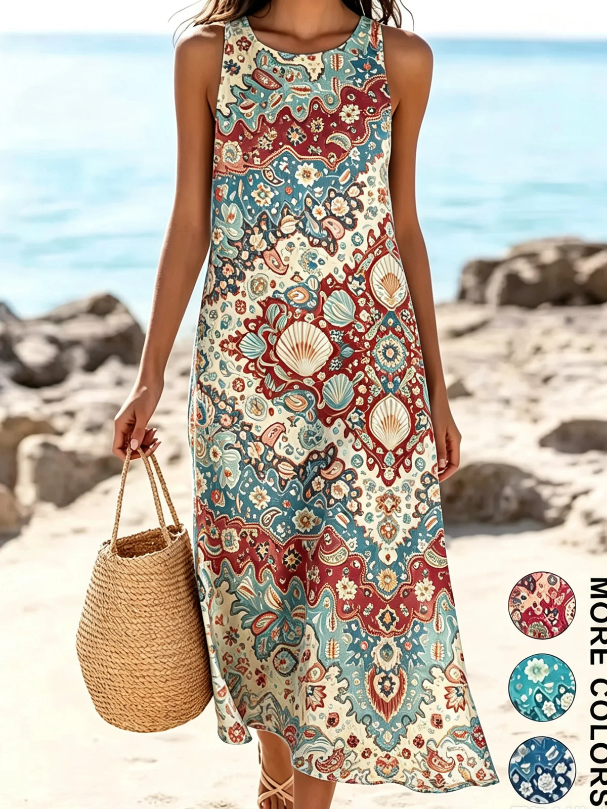 Women's Bohemian Floral Sleeveless MIDI Sundress with Pockets – Loose Sweetheart Beach Dress 2026