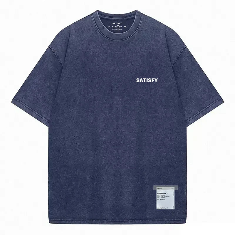 SATISFY Running MothTech Distressed Graphic T-Shirt — Loose Fit Cotton Short Sleeve Tee