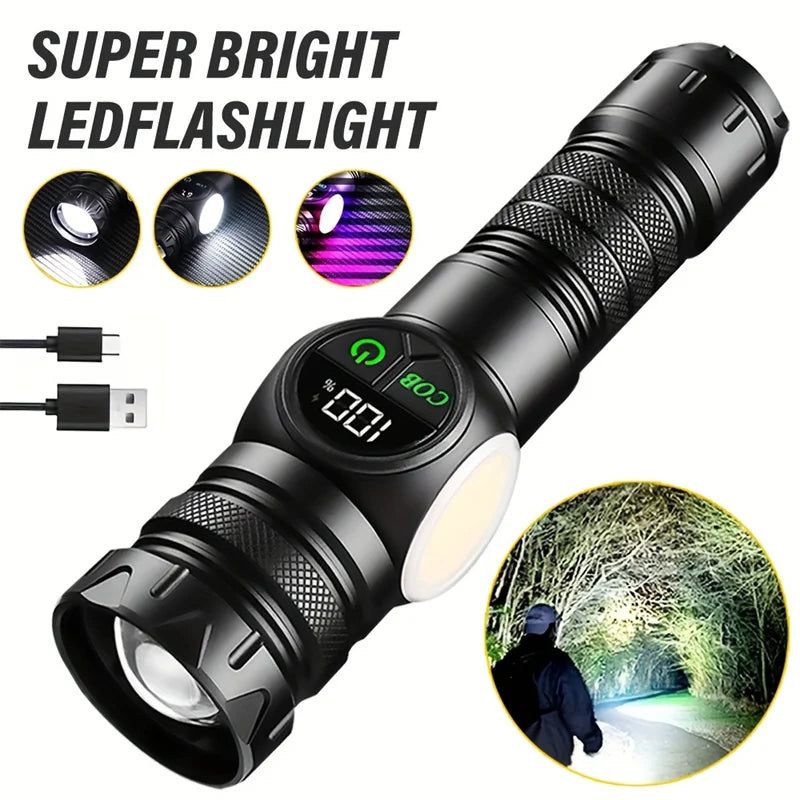 Magnetic Tactical LED Flashlight with COB Side Light – USB Rechargeable, 5 Modes, Zoomable