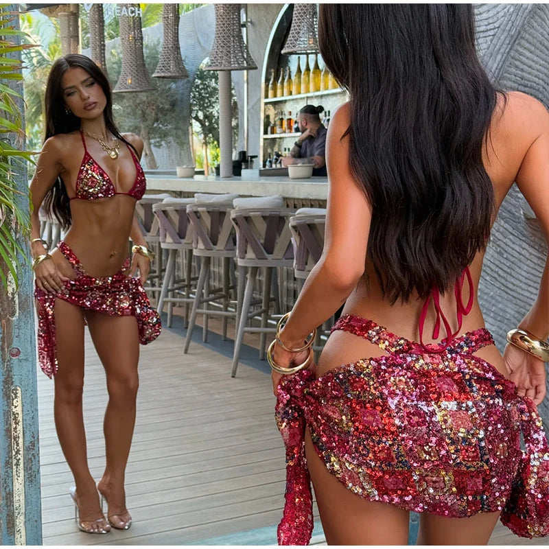 Sexy Sequin Bikini Skirt Set | Backless Halter, Lace-Up, Slim Mini Skirt, 2025 Summer Beach Suit