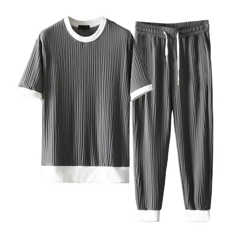 Men's Elastic Pleated Short-Sleeve & Nine-Point Pants Set – Breathable Summer Suit