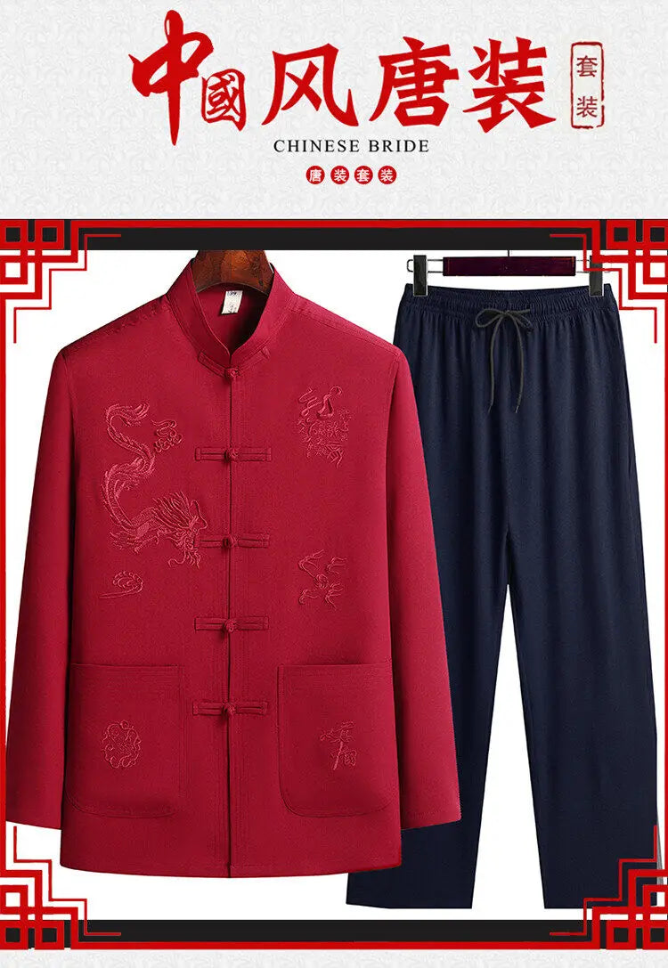 Men's Chinese Style Long Sleeve Shirt & Elastic Waist Pants Casual Set