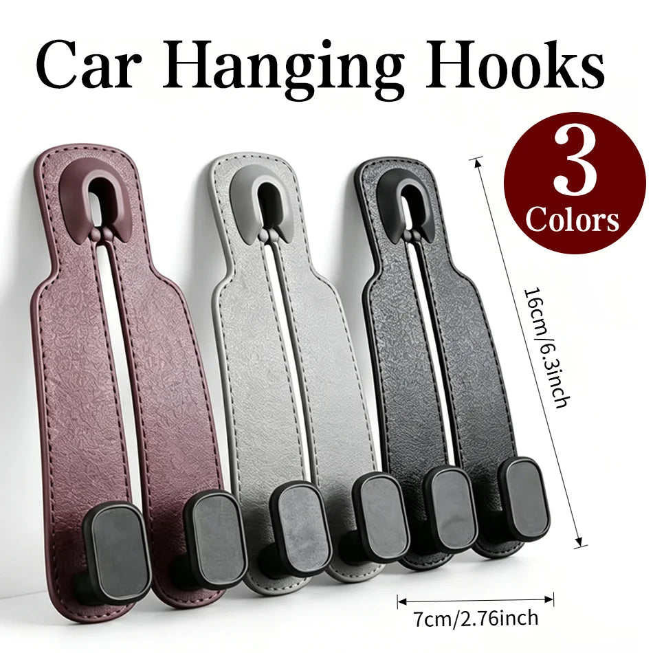 Three car hanging hooks in burgundy, silver, and black, shown with dimension labels and a red circle indicating three colors.