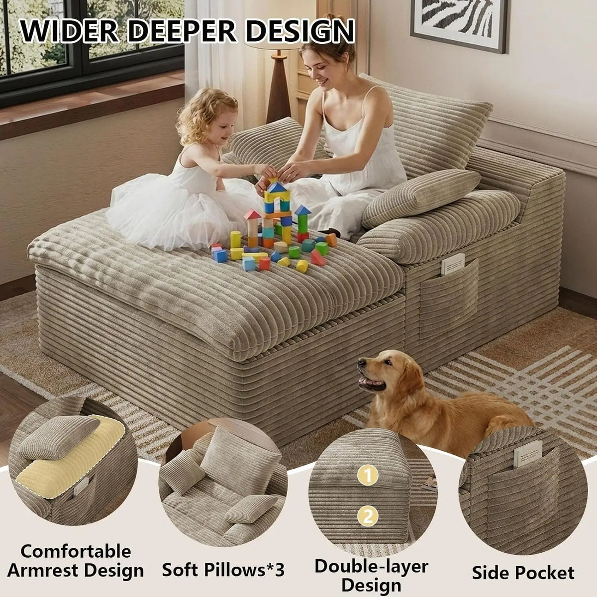 Oversized Corduroy Chaise Lounge with Cup Holders