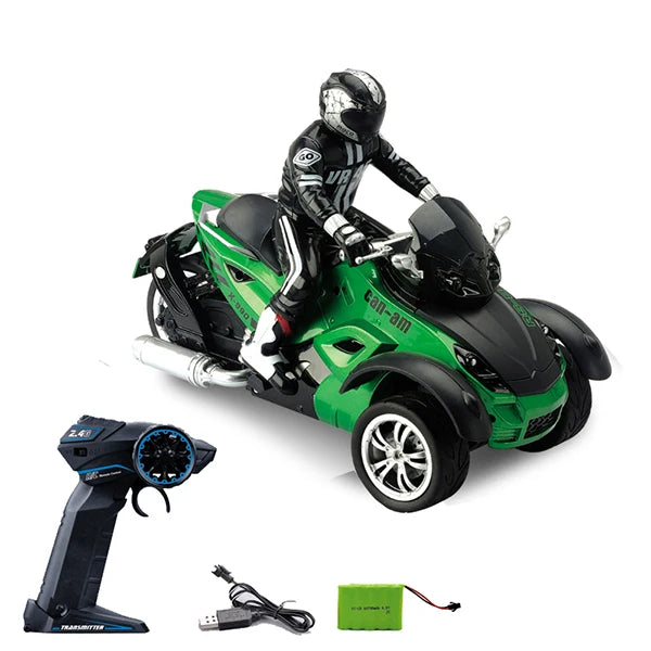 1:10 Scale Vehicle 2.4GHz High Speed Three Wheel RC MotoHawk Motorcycle Toys ATV Road Racer with LED Headlights Toy Gift for Kid