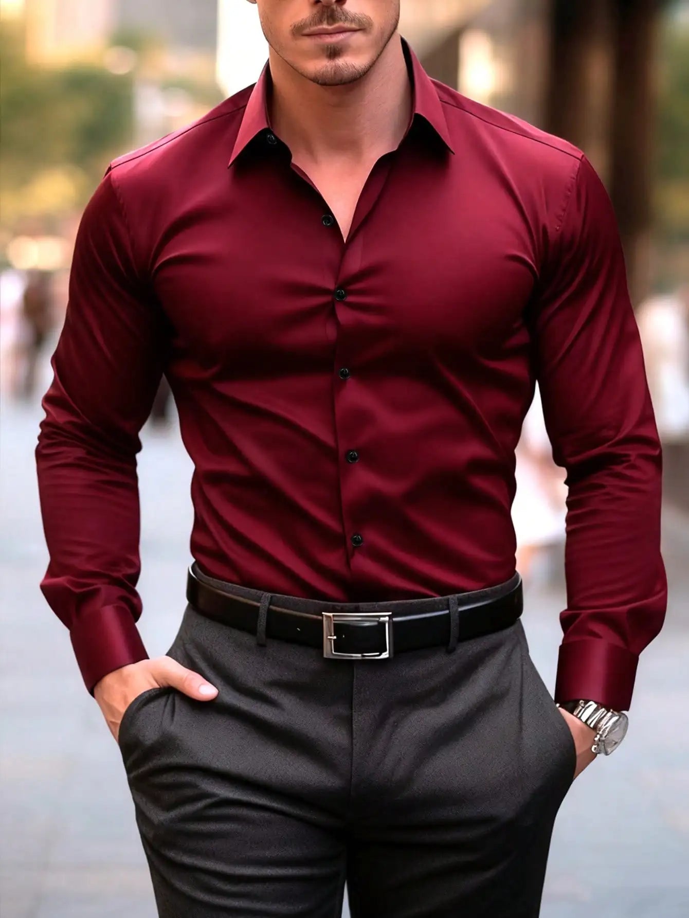 Men's Solid Red Long Sleeve Formal Dress Shirt — Bold Color Business Shirt