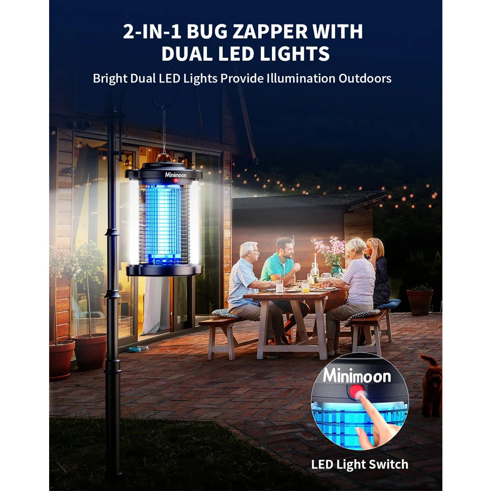 Minimoon Outdoor Bug Zapper — 15W UV, 4200V Grid, Dual LED Light, IPX4 Waterproof, 2100 Sq.Ft Coverage
