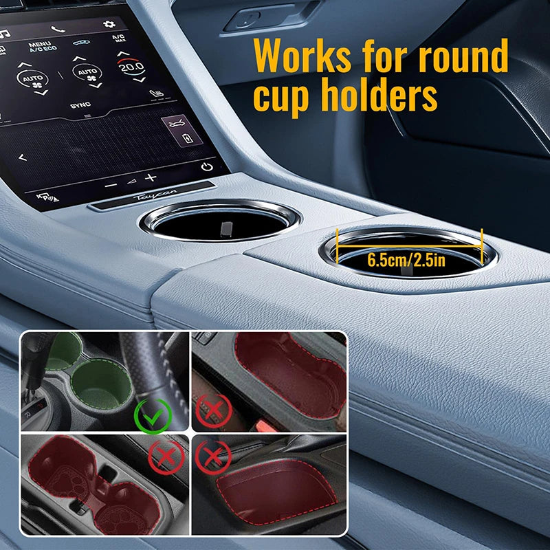 Car center console cup holder liner shown installed in a light gray leather cup holder, with text reading 'Works for round cup holders' and a dimension callout of 6.5cm/2.