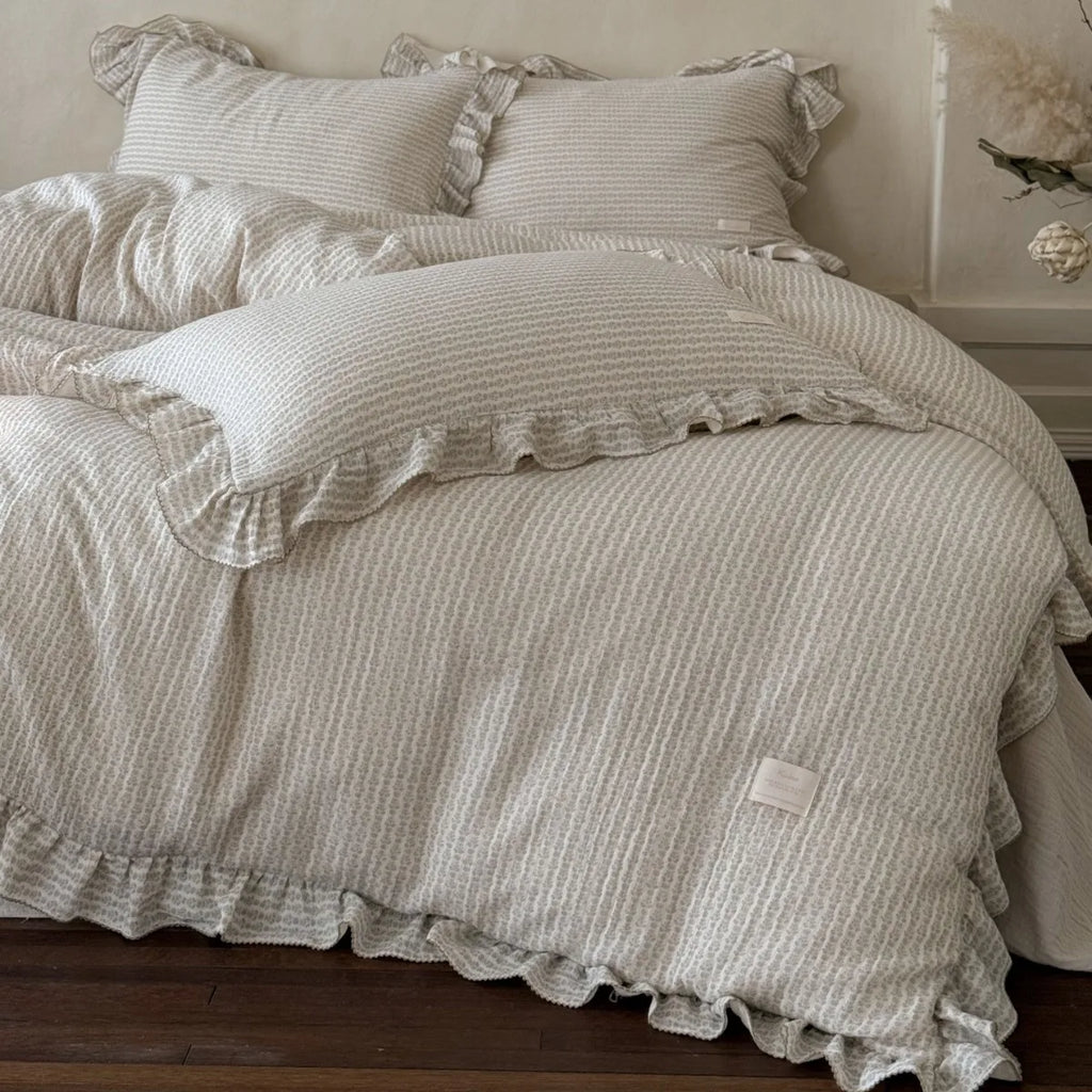 Princess Ruffle Bedding Set – 100% Cotton Gauze Duvet Cover with Pillowcases, Floral, 3-Piece