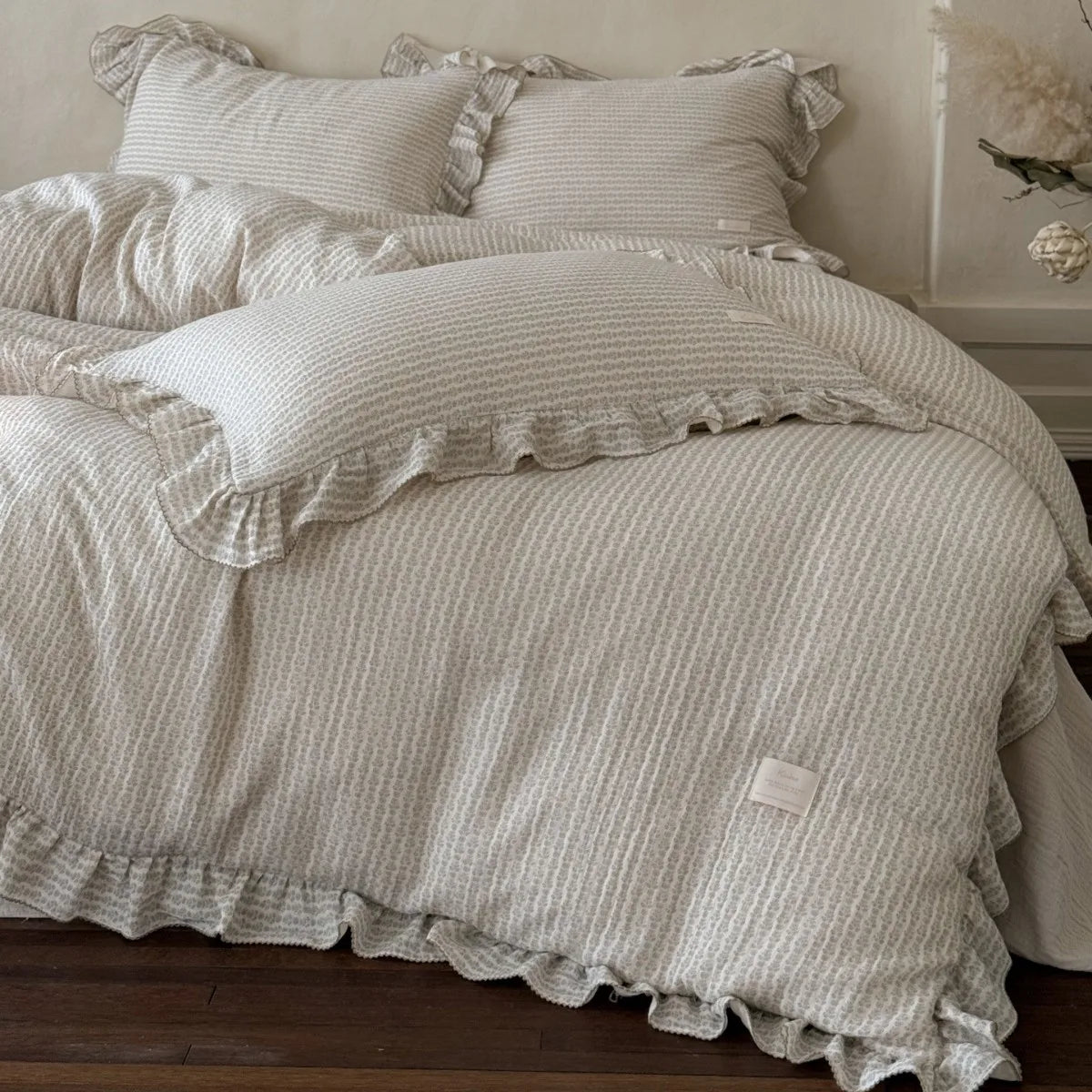 Princess Ruffle Bedding Set – 100% Cotton Gauze Duvet Cover with Pillowcases, Floral, 3-Piece