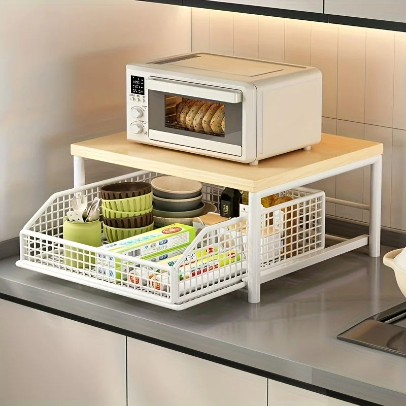 Modern Solid Wood & Metal Microwave Storage Rack — Space-Saving Countertop Kitchen Shelf