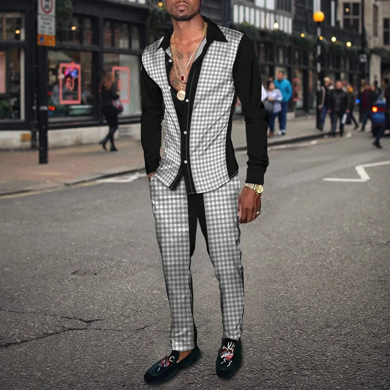 Men's 3D Retro Harajuku Print Long Sleeve Lapel Shirt & Long Pants 2-Piece Set