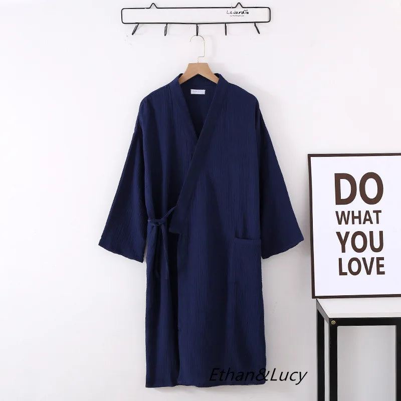 Couples 100% Cotton Crepe Gauze Robe | Long-Sleeve V-Neck Kimono Wedding Bathrobe