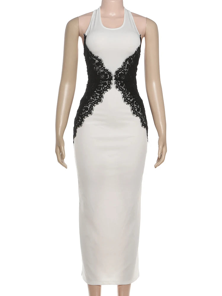 Lace Patchwork Halter Maxi Dress — Off-Shoulder Backless Elegant Evening Gown