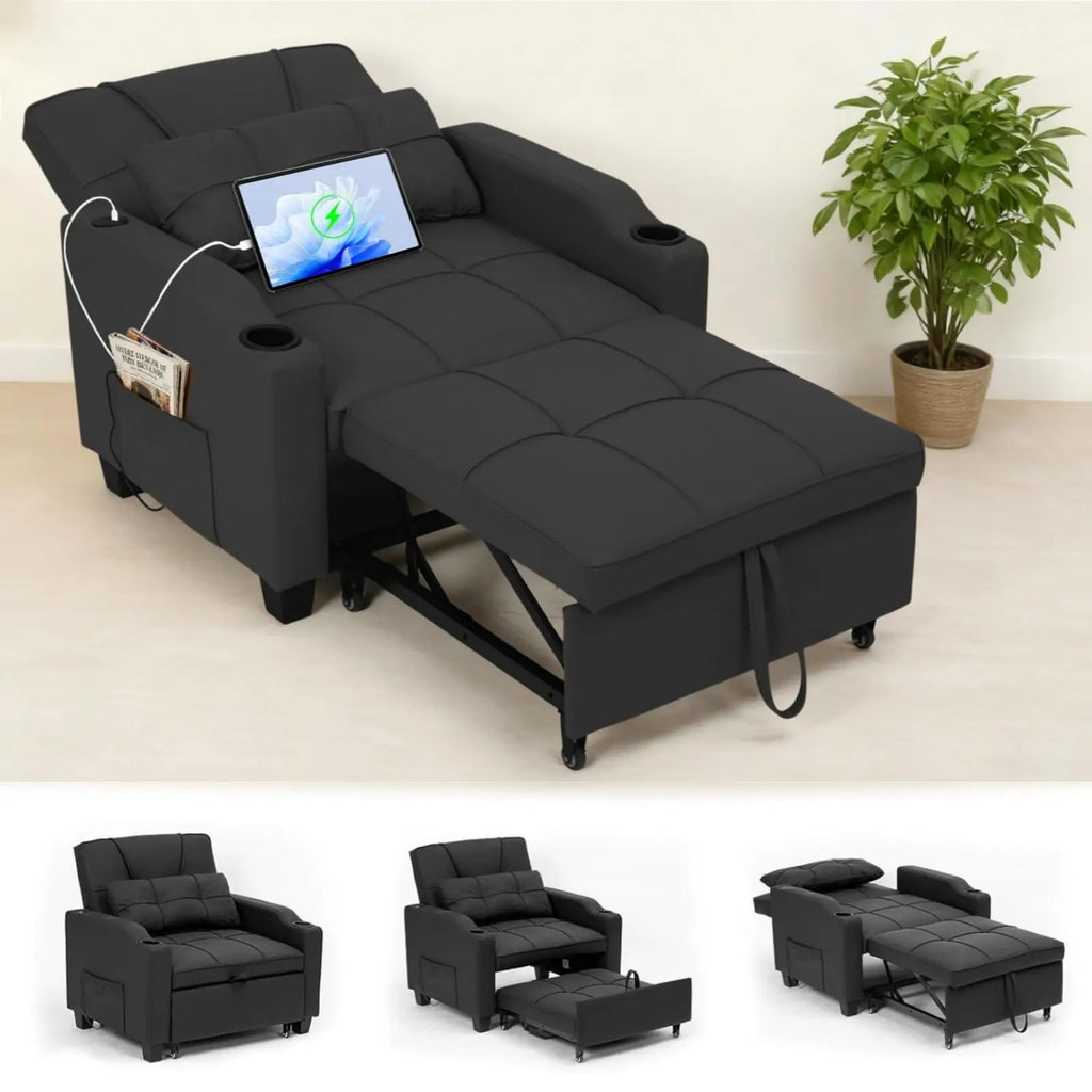 Black 3-in-1 sleeper chair with adjustable backrest and pull-out single bed
