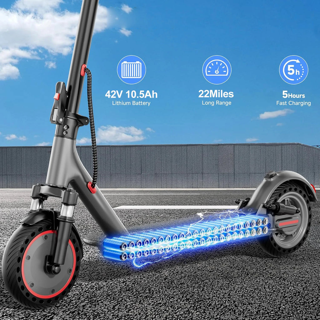 Electric scooter with 42V 10.5Ah lithium battery, 22-mile range and 5-hour charging time.