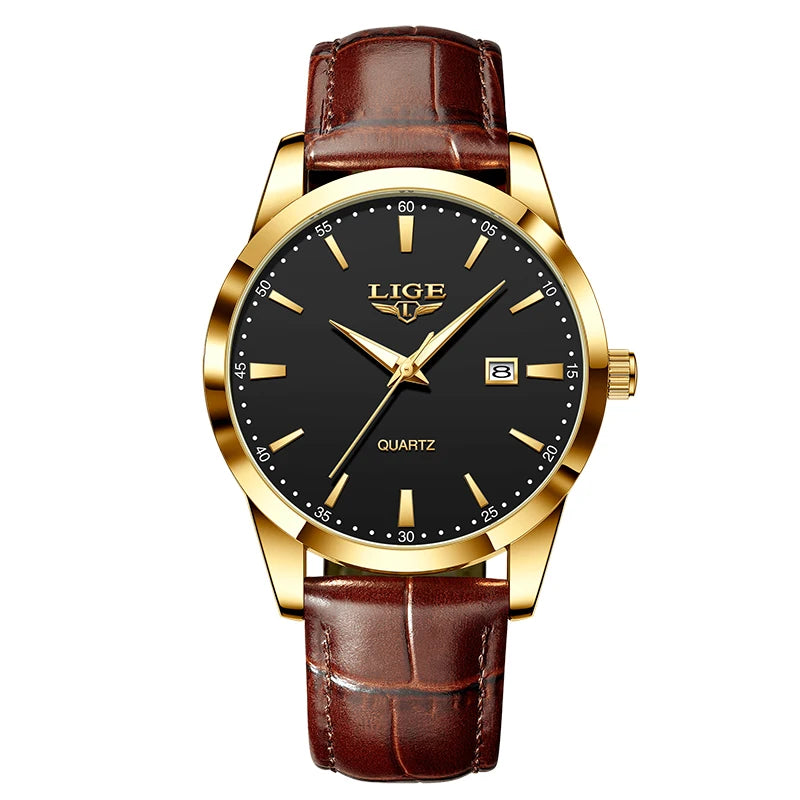 LIGE Men's Brown Leather Chronograph Watch | Military Sport Casual Waterproof Quartz Wristwatch