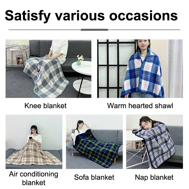 Wearable Plaid Fleece Blanket with Button – Thick Warm Throw for Sofa, Bed, Travel & Office