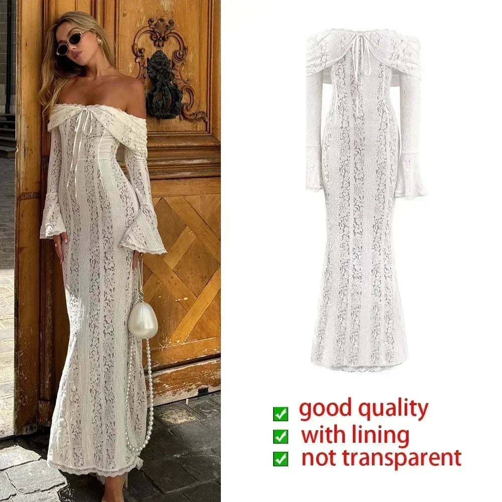 Elegant White Lace Evening Gown — Long Sleeve Wedding & Prom Dress
