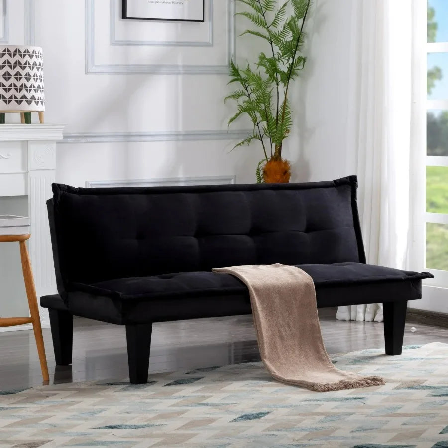 Gewnee 63.8" Futon Sofa Bed | Black Convertible Sleeper Couch, 3-Position Backrest, Faux Suede, Small Spaces