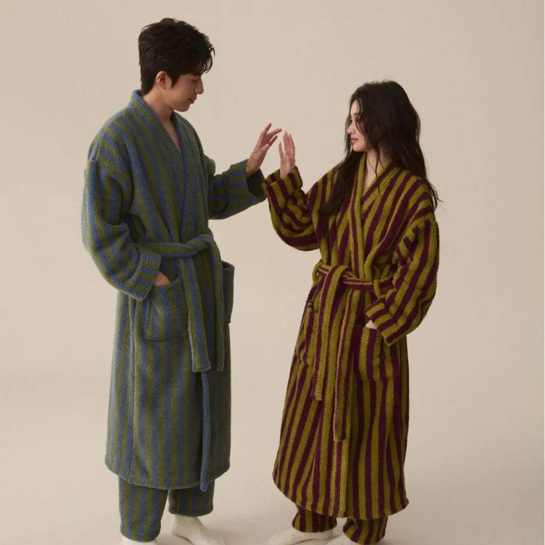 Thickened Flannel Robe & Pants Pajamas Set | Couple Coral Velvet Striped Bathrobe Homewear