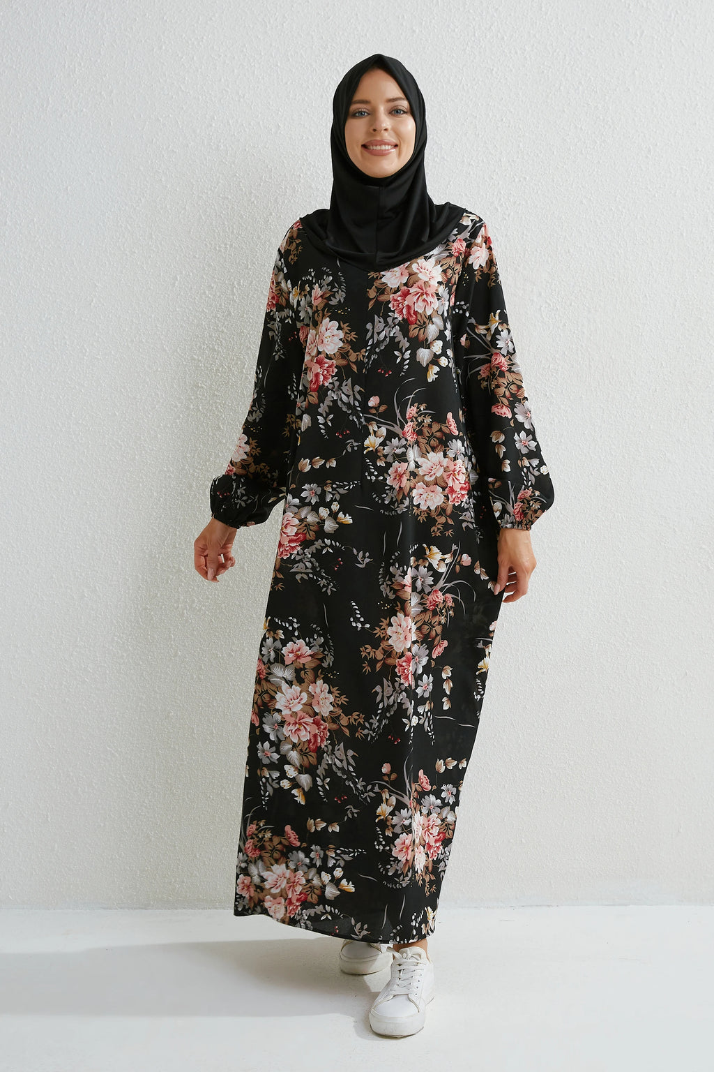 Muslim Floral Printed Full Sleeve Maxi Robe — Loose Modest Long Casual Dress