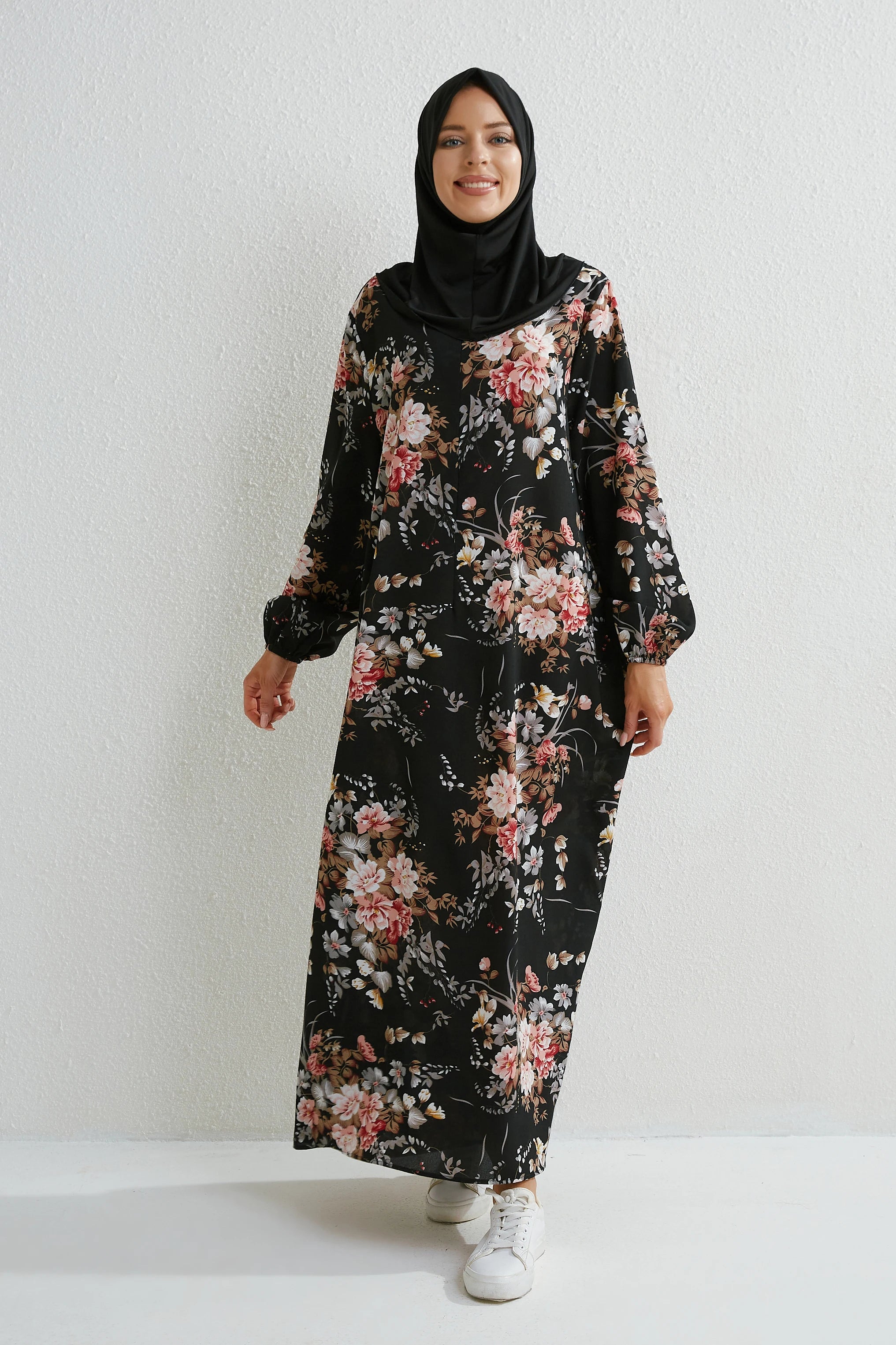Muslim Floral Printed Full Sleeve Maxi Robe — Loose Modest Long Casual Dress