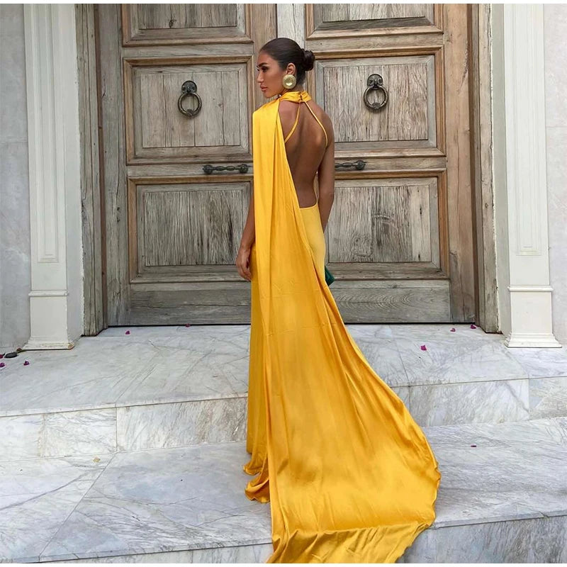 Sexy Satin Halter Backless Party Dress – Off Shoulder Sleeveless Solid Robe Gown 2026