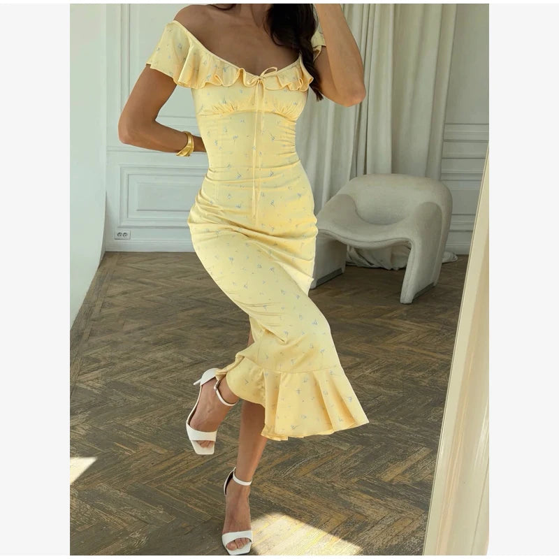 Butter Yellow Satin Bias Cut Lace Patchwork Midi Dress – V-Neck Backless Y2K Party Dress