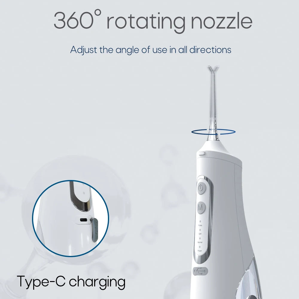 Portable Oral Irrigator – USB Rechargeable, 310ml Tank, 4 Pressure Modes, IPX7, 4 Nozzles