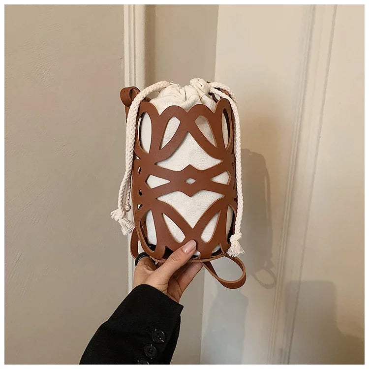 Brilliant Fish Hollow Out Drawstring Mini Bucket Crossbody Bag – Adjustable Strap Shoulder Bag for Women