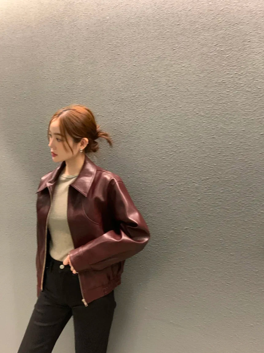 Women's Cropped Faux Leather Jacket – Lapel Zip Front