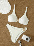 Sexy White Bikini Set 2026 | Metal Buckle, Pleated Push-Up Bra, Thong, Summer Bathing Suit