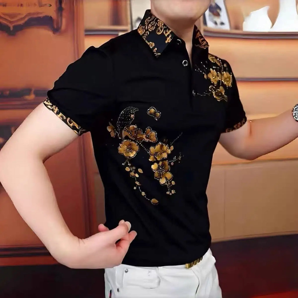 Men's Luxury Floral Embroidered Rhinestone Polo Shirt — Slim Fit Business Banquet Tee