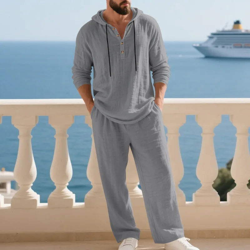 Men's Linen Casual Loose Hooded Henley Shirt & Long Pants Set – Relaxed Autumn 2-Piece Suit
