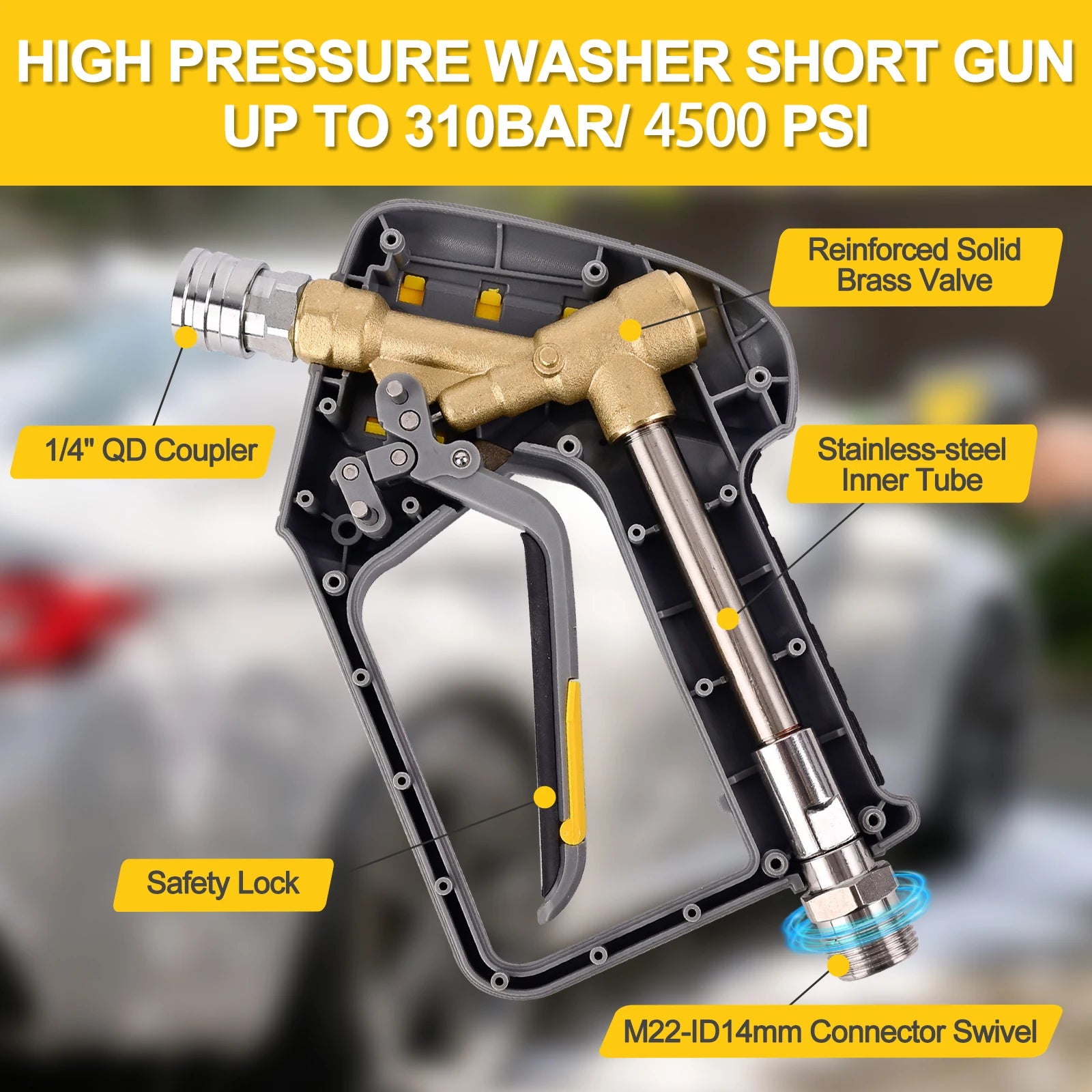 BEAR FORCE Pressure Washer Spray Water Gun — M22-14mm Inlet with Quick Connector for Nozzles, Wand & Foam Cannon