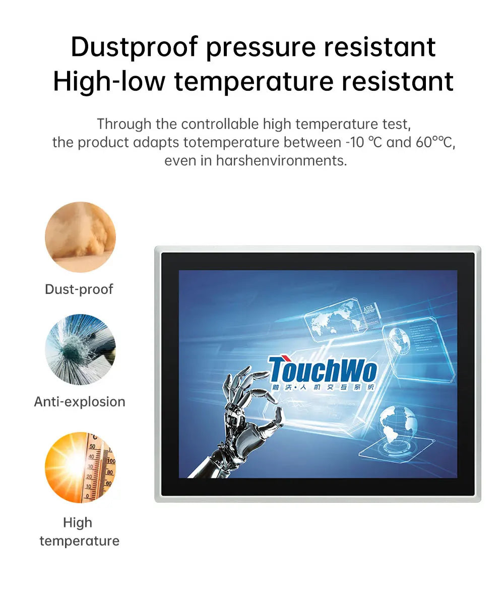 TouchWo IP65 Industrial All-in-One PC – 8" to 21.5" PCAP Touch, 1080p, Win10, Embedded/Wall Mount
