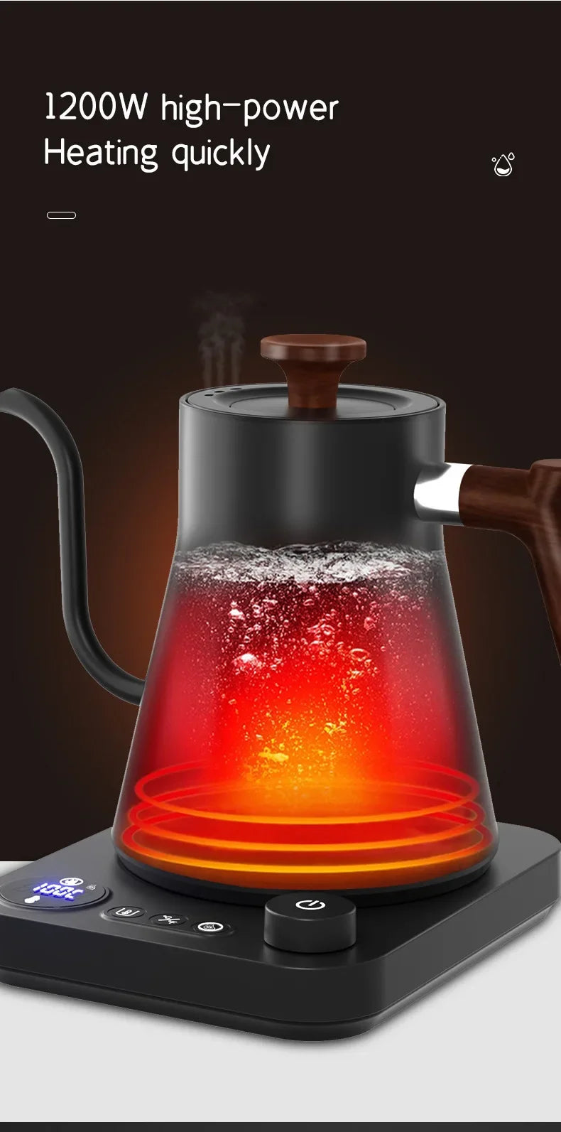 900ml Electric Gooseneck Kettle – 1200W, Stainless Steel, Temperature Control for Coffee & Tea