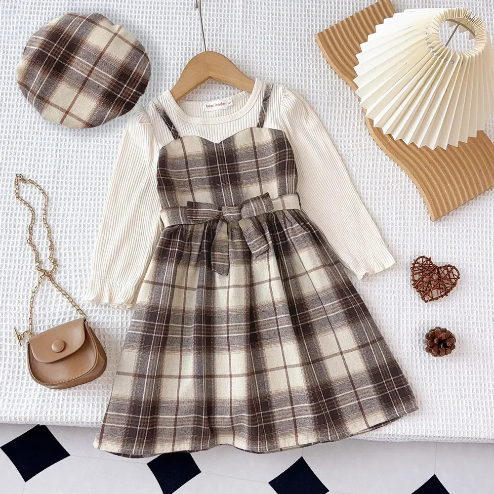 Korean Plaid Girls Casual Dress Set — Long Sleeve Shirt with Belt & Hat (3–7 Years)
