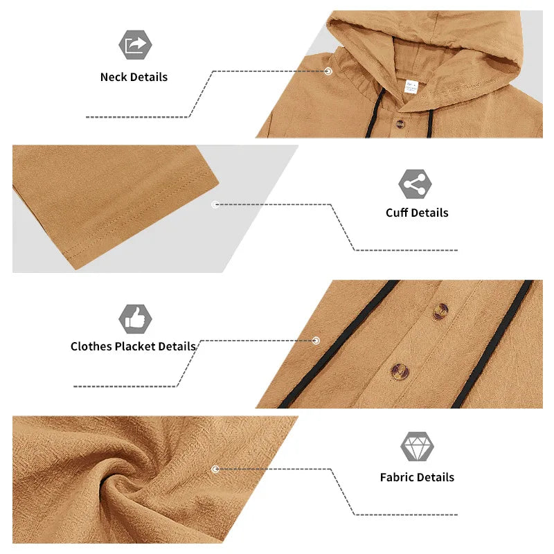 Men's Linen Casual Loose Hooded Henley Shirt & Long Pants Set – Relaxed Autumn 2-Piece Suit